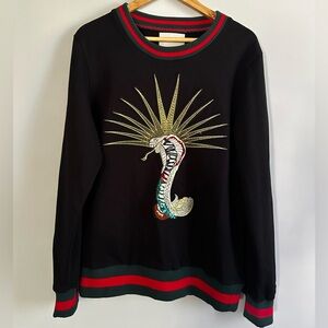 Gucci Black Sweatshirt with Gold Cobra Embroidery and Red/Green Trim